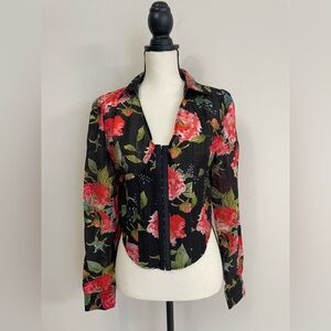 Bebe Floral Print Blouse corset-style hook and eye front closure  long sleeves 4